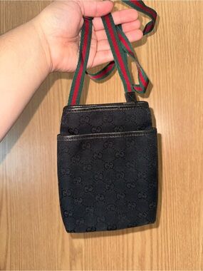 Small Gucci Black GG Canvas Crossbody with Green-Red Web Strap